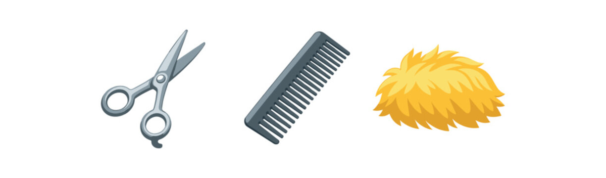 Haircut scissors, comb, and hair tuft for barber and salon tools icon set flat vector illustration
