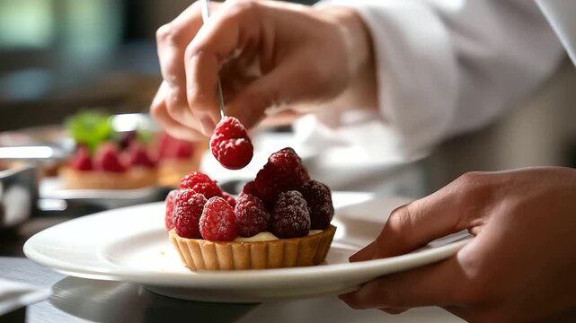 Faceless raspberry tartlet being delicately assembled by pastry chef in professional kitchen, precision baking technique, culinary expertise, with copy space