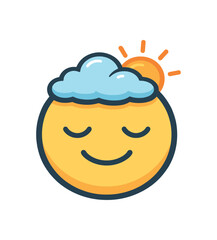 Obraz premium A simple cheerful emoji: a yellow smiling face with closed eyes, a light blue cloud on top and a small sun peeking out — suitable as a calm mood or weather icon.