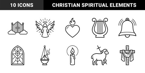 Naklejka premium Christian religious symbols and liturgical elements for church branding. Minimalist monoline pictograms featuring sacred heart, alpha omega, and divine grace concepts.