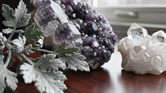 Amethyst and clear quartz crystals with a dusty miller plant on a brown wooden surface