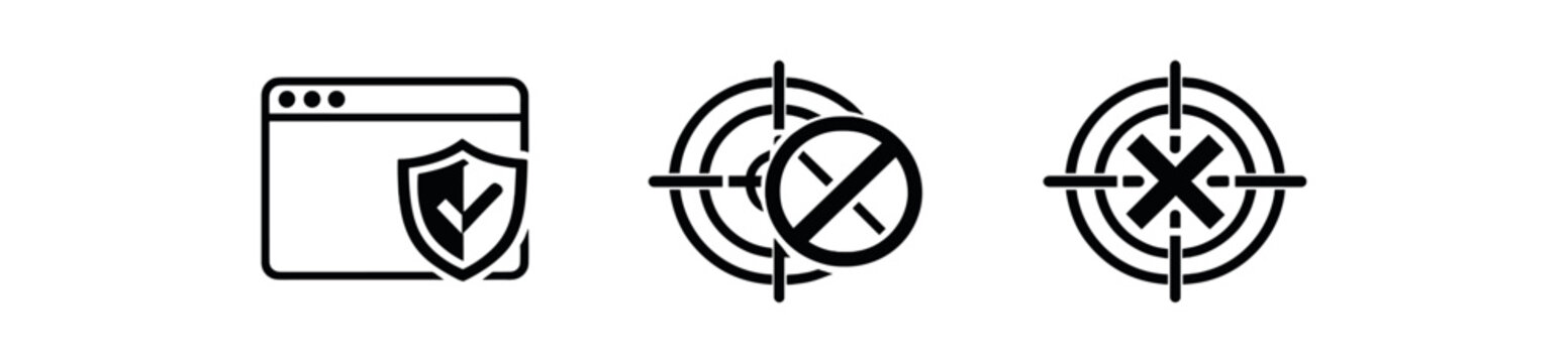 Three simple black outline icons: a browser window with shield, a target with a prohibition mark, and a crosshair target &mdash; designed for security or targeting ui use.