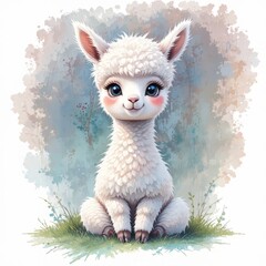 Fototapeta premium Pastel Spring Alpaca Clipart: Adorable Baby Alpaca Sitting with Fluffy Wool & Rosy Cheeks, Isolated Illustration on White (127 char)