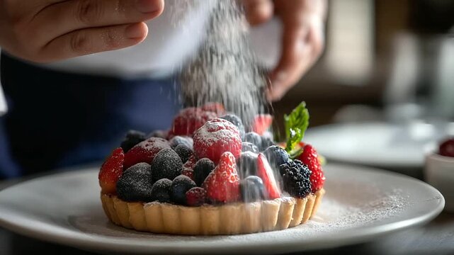 Faceless fruit tart being dusted with powdered sugar by pastry chef, dessert finishing technique, professional baking scene, with copy space