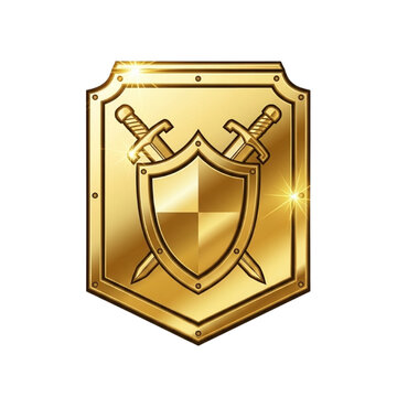 Golden Shield with Crossed Swords Vector. Realistic 3D Metal Coat of Arms Badge. Shiny Medieval Armor Icon for Game, Security Logo, or Heraldry Design. Luxury Protection Symbol and Trophy.