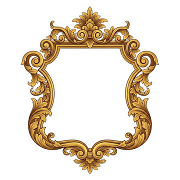 Vintage Gold Frame Vector. Ornate Baroque Border with Acanthus Scrolls. Luxury Antique Shield Template with Copy Space. Royal Decorative Element for Wedding, Certificate, or Label Design.
