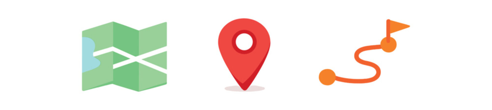 Three simple colorful navigation icons showing a folded map, a red map pin, and an orange winding route with a flag, made as flat vector icons for maps, apps, and travel interfaces.