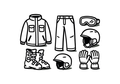 Winter ski outfit set laid out on white background, jacket, pants, boots, helmets, goggles and gloves flat vector icon