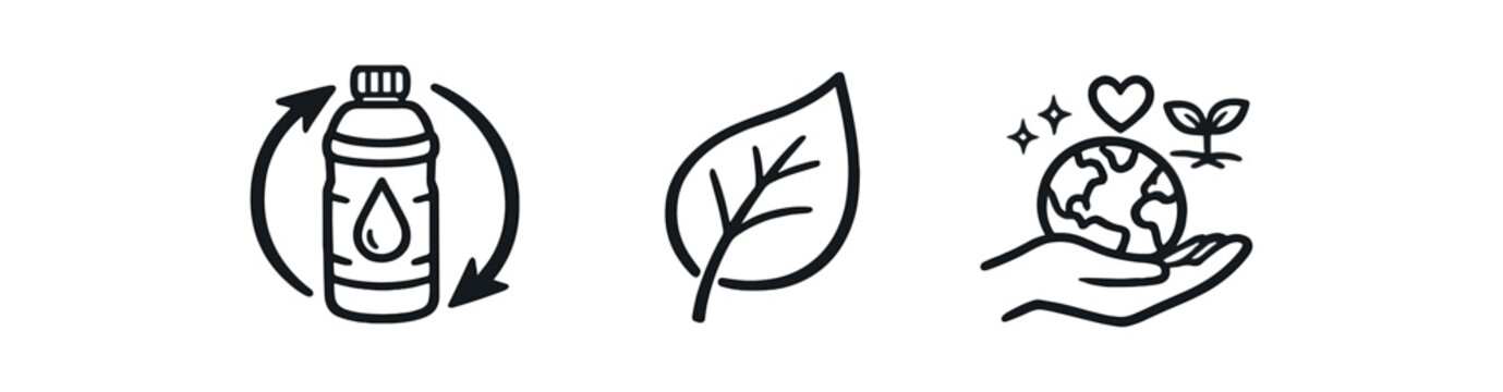 Three simple black outline icons: a bottle with recycle arrows, a single leaf, and a hand holding the earth with a heart and sprout &mdash; clean eco and sustainability symbols for ui or signage.