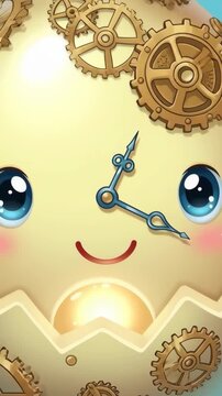 Smiling steampunk clockwork egg character with big blue eyes and brass gears in a triptych illustration, a cute mechanical mascot floating in a pastel sky