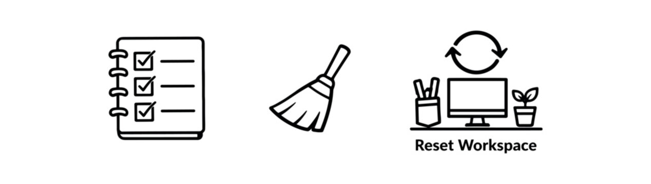 Three black outline icons: a spiral notebook with checkboxes, a broom for cleaning, and a desktop workspace with refresh arrows and plant for resetting or refreshing a desk