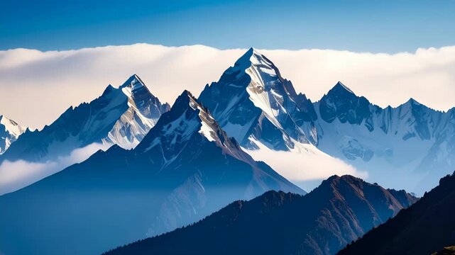 Majestic snow capped mountain peaks rising above thick white clouds under a clear blue sky in a high altitude wilderness landscape