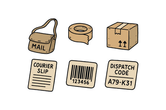 Colored hand-sketched icons of a mailbag, packing tape, cardboard box, courier slip, barcode and dispatch code badge for packaging design and delivery label artwork.