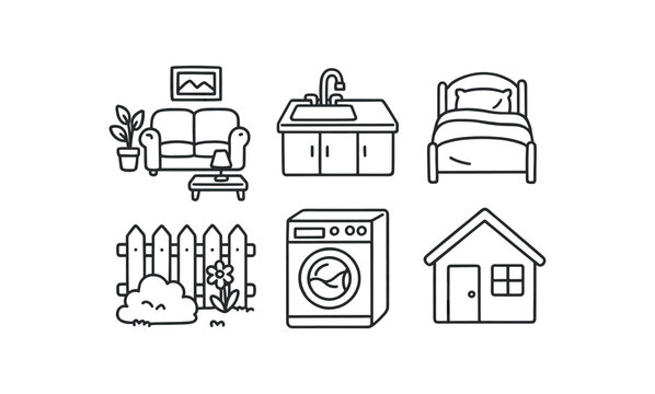 Six minimal black outline icons of common home rooms and appliances for user interfaces, apps, or website menus.