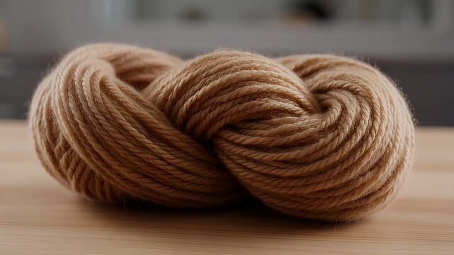 Close up of a beautiful skein of beige wool yarn on table