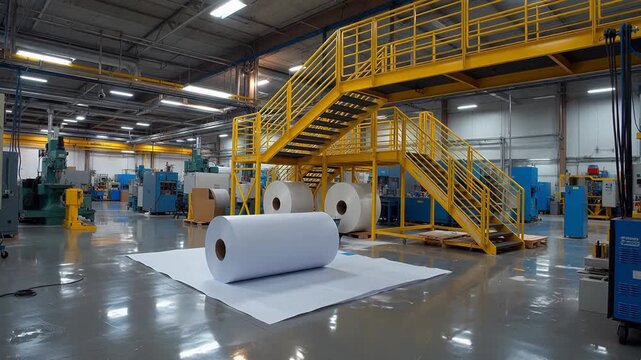 Large paper rolls in industrial factory