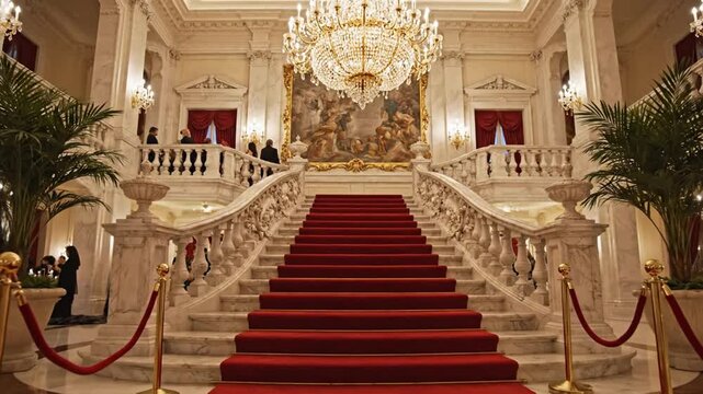 Grand staircase with red carpet and chandelier in luxurious building interior