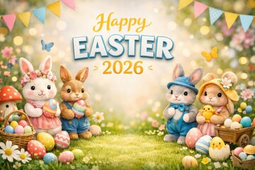 Fototapeta premium Cute Easter bunnies with eggs and flowers festive spring greeting card background design
