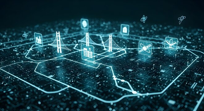 A futuristic cityscape with a digital map and glowing blue lines and icons representing technology and innovation