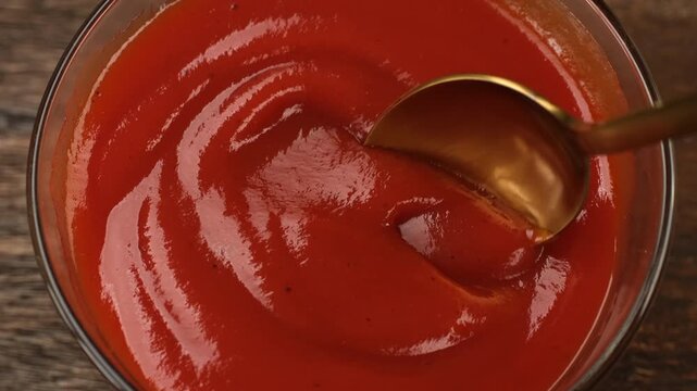 Scooping with spoon ketchup sauce, close up