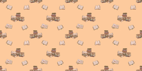 School textbooks seamless pattern. Books on an orange background.
