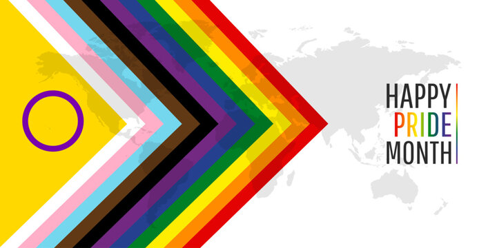 Happy Pride Month with rainbow flag on top of world map background. Vector illustration