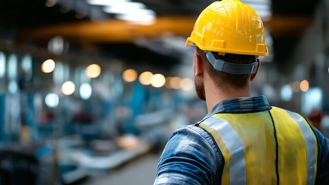 Faceless male engineer in hard hat and safety vest supervising manufacturing plant, industrial worker inspecting machinery and pipelines, with copy space