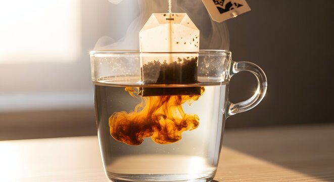 Tea Bag Dipping into Hot Water with Amber Swirls