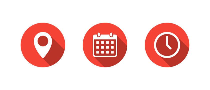 Location, calendar, and clock icon with long shadow. Map pin, date, and time symbol. Event schedule sign