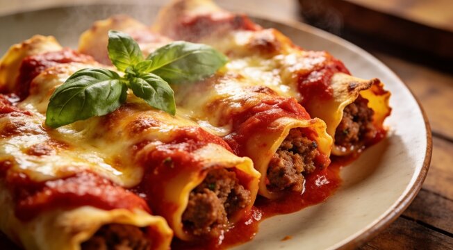 Delicious baked cannelloni filled with minced meat and rich tomato sauce.
