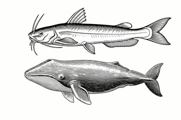 Catfish and Whale Illustration - Vintage Marine Life Sketches on White Background © Vector 4 You