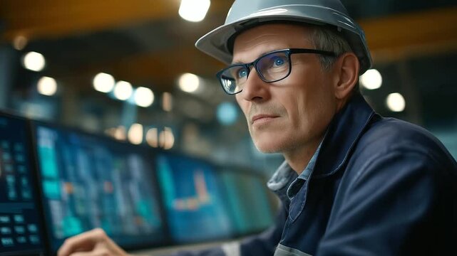 Faceless thoughtful industrial engineer in hard hat looking at computer screens in control room, factory worker monitoring production process, with copy space