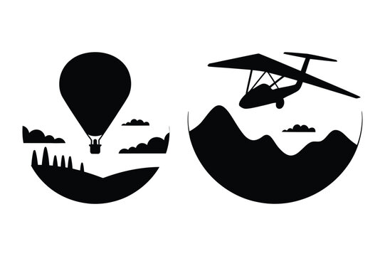 Hot air balloon and hang glider over mountains vector icons