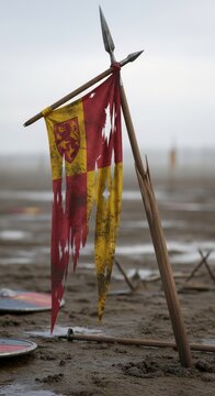 Tattered Medieval Flag With Lion Crest on Wooden Pole