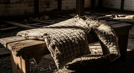Fototapeta premium Tattered Quilted Fabric Remnant in Abandoned Setting