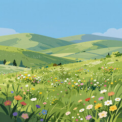 Fototapeta premium manga, a flat cartoon-style illustration of a bright blue sky over sunlit green hills and summer fields