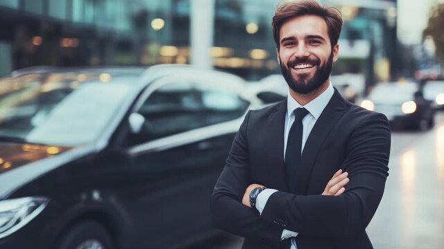A well-dressed man smiles confidently with crossed arms near a car and blurred city background
