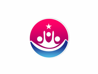 Obraz premium A vibrant logo featuring white people icons with a star above and a blue curved base, representing achievement, leadership, and communal success.