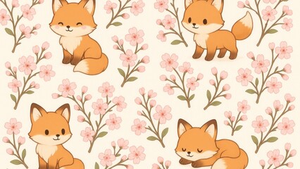 Fototapeta premium Cute foxes among pink blossoms wallpaper for desktop