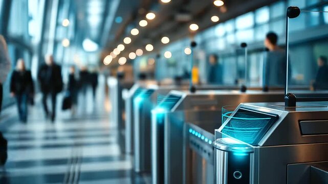 Modern security checkpoint with blue light screens, digital identity verification scanners allowing fast secure access, automatic biometric scan processing faceless travelers,