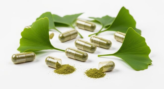 Green Ginkgo Biloba Capsules Surrounded by Fresh Ginkgo Leaves on White Background