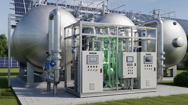 Complex industrial machine with tanks, pipes, solar panels outside on a gray slab surface