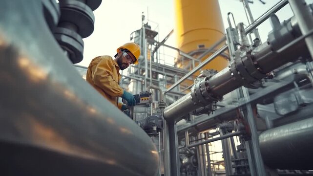 A worker, wearing a yellow outfit and helmet, works on piping at an industrial complex