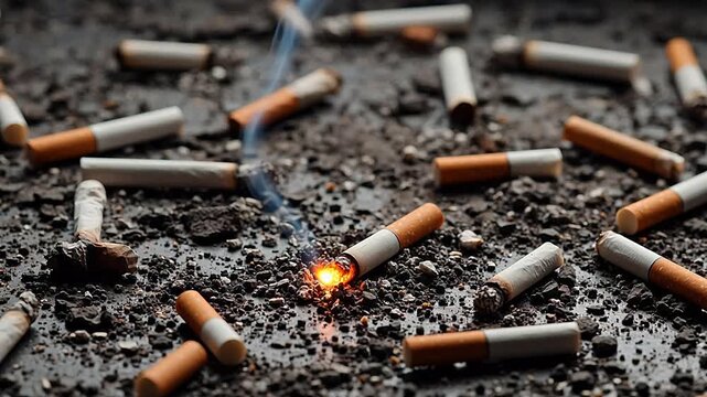 Cigarette butts and ash on ground