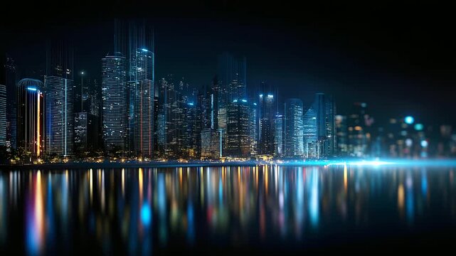 Vibrant city at night showcasing digital twin visualization with mirrored model conceptualization and urban design, futuristic planning, with copy space