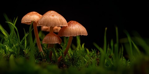 Fototapeta premium Woodland Mushrooms: A Small Cluster Amidst the Grasses Against a Dark Backdrop.