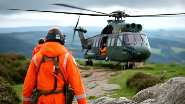 Faceless people in orange uniforms paramedics or mountain rescue service walking towards landed helicopter at rocky terrain, with copy space