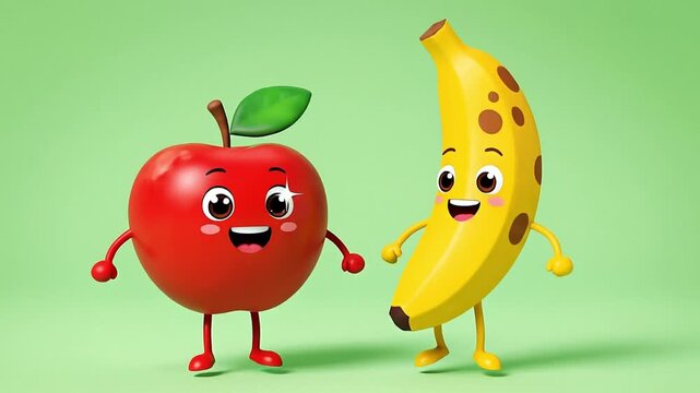 Cute cartoon apple and banana characters dancing together loop, whimsical food animation 4K