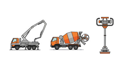 Construction vehicles including concrete mixer pump truck and concrete vibrator. © Roti