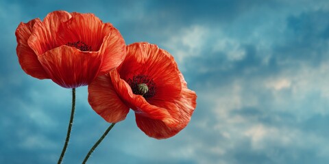 Obraz premium Crimson Blooms: Poppies Against a Cloudy Sky